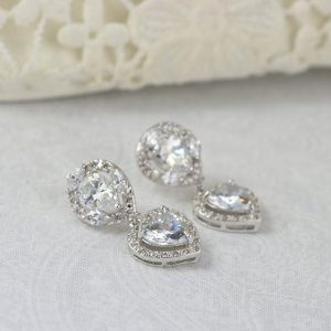 Cubic Zirconia Silver Bridal Earrings - Love Heart 25