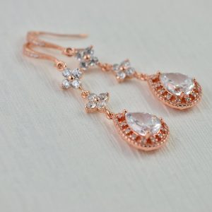 Studded Rose Gold Wedding Earrings - Teardrop Cubic Zirconia 35