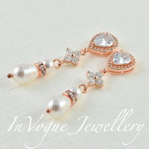 Swarovski Teardrop Wedding Earrings - Pearl Cubic Zircon Rose Gold 19
