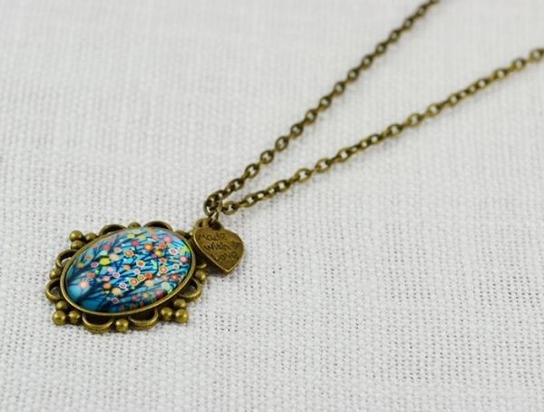 Turquoise Glass Cabochon Necklace - Antique Bronze 17