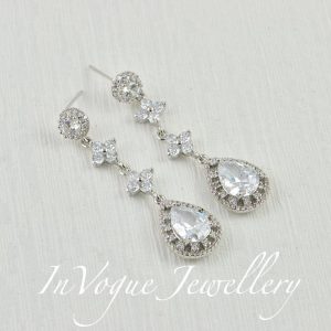 Silver Bridal Wedding Earrings - Teardrop Cubic Zirconia Studded 46