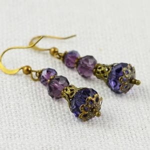 Amethyst Faceted Glass Earrings - Bronze, Antique, Vintage, Dangle Purple Earrings 18