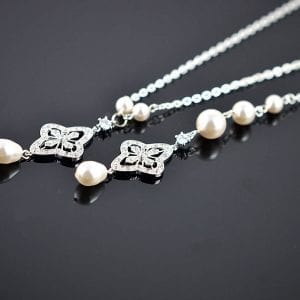 Back Drop Silver Bridal Necklace - Wedding, Cubic Zirconia, Swarovski Pearls 11