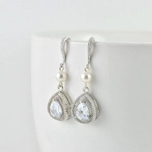 Silver Drop Swarovski Pearl Earrings, Cubic Zirconia Crystals Wedding Bridal Jewellery, Silver Pearl Drop Earrings 39