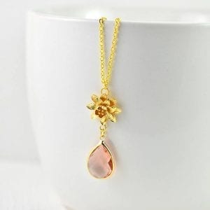 Light Peach Bridal Necklace - Cubic Zirconia, Wedding, Rose Gold, Flower Pendant Necklace 18