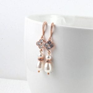 Bridal Rose Gold Pearl Earrings - Wedding, Cubic zirconia, Flower Dangle, Swarovski Pearl 14