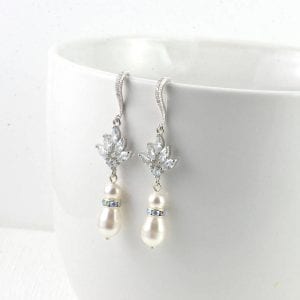 Silver Drop Bridal Pearl Earrings - Wedding, Cubic zirconia, Swarovski White Pearl 18