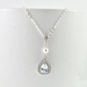 Silver Cubic Zirconia Pearl Necklace - Bridal, Drop Pearl, Wedding, Bridesmaids 20