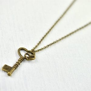 Bronze Key Heart Necklace - Charm Pendant, Bronze, Simple 18