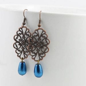 Dark Blue Filigree Copper Earrings - Drop Earrings, Light Weight, Antique Copper 14