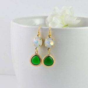 White Opal Emerald Gold Earrings - Wedding, Bridesmaids, Drop Earrings, Vintage 26