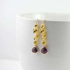Gold Amethyst Flower Dangle Earrings - Everyday, Bridesmaids 16