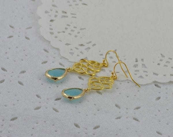 Turquoise Gold Chandelier Earrings - Filigree, Green, Drop, Bridesmaid