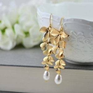 Gold Cascading Floral Pearl Earrings - Swarovski, Drop, Bridesmaids 17