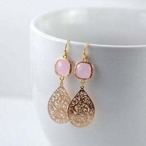 Gold Chandelier Pink Earrings, Bridesmaids, Light weight, Teardrop 21