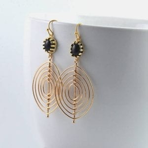Gold Chandelier Oval Earrings - Bridesmaids, Black Crystal, Long, Mother's Day 31