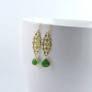 Gold Emerald Filigree Earrings - Dangle, Simple, Bridesmaids 24
