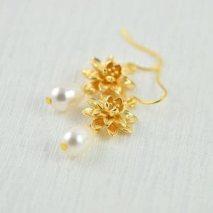 Gold Floral Swarovski Pearl Lotus Flower Earrings - Bridesmaids, Drop, Simple 20