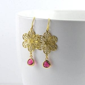 Gold Flower Chandelier Earrings - Bridesmaids, Ruby Teardrop 25