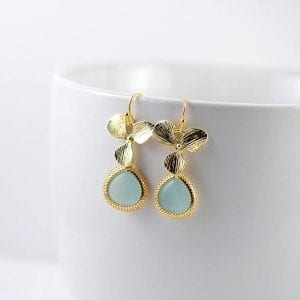 Mint Green Gold Flower Earrings - Leaf Dangle, Bridesmaids, Turquoise 27