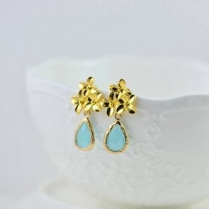 Gold Flower Turquoise Drop Earrings - Glass, Modern, Bridesmaids 19