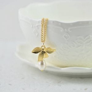 Gold Leaf Swarovski Drop Pearl Necklace - White, Teardrop, Simple, Bridesmaids 15