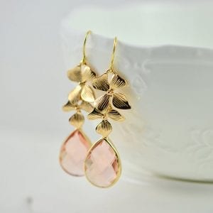 Gold Peach Floral Bridal Earrings - Cubic Zirconia, Drop, Bridesmaids, Wedding 16