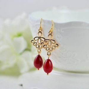 Gold Red Teardrop Earrings - Simple Filigree, Bridesmaids, Gift Earrings 18