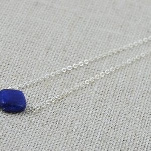 Lapis Lazuli Dainty Necklace - Gemstone, Silver Dainty Square Pendant Necklace 18