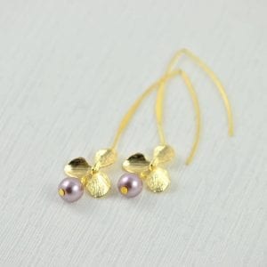 Purple Flower Drop Pearl Earrings - Light Gold, Bridesmaids, Dangle 15