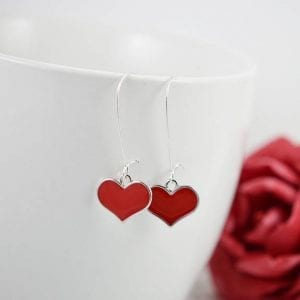 Red Heart Silver Everyday Earrings - Bridesmaids, long, Love hearts 19