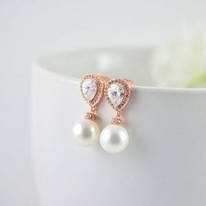 Rose Gold Bridal Pearl Earrings - Cubic Zirconia, Wedding, Swarovski , Stud 11