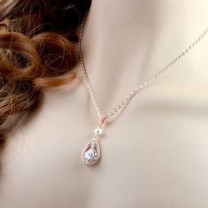 CZ Rose Gold Bridal Pearl Necklace - Cubic Zirconia, Swarovski Pearl, Wedding 16