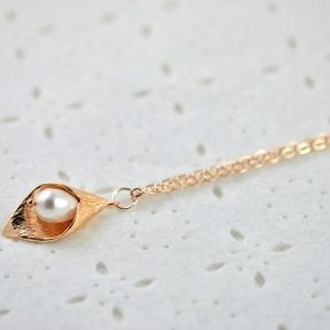 Rose Gold Leaf Swarovski Drop Pearl Necklace - White Teardrop, Simple, Flower Girl 19