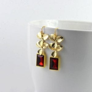 Ruby Rectangle Earrings - Bridesmaids, Gold Leaves Dangle, Modern 36