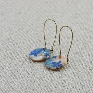 Sea shell Bronze Pearl Earrings - Blue Floral, dangle, Simple