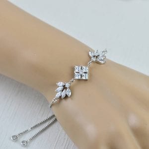 Silver Bridal Zirconia Wedding Bracelet - Square Leaf 18
