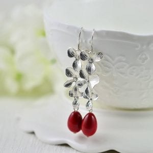 Silver Flower Cascading Earrings - Red Drop, Silver Leaf, Bridesmaids 23