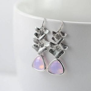 Silver Flower Pink Earrings - Triangle, Bridesmaids, Crystal Glass, Modern 28