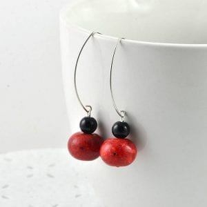 Simple Coral Gemstone Earrings - Long Dangle, Black Silver Earrings 21