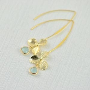 Turquoise Gold Flower Earrings - Drop Earrings, Light Gold Bridesmaids Jewellery, Light Weight Leaf Dangle Beach Turquoise Opal Earrings 23