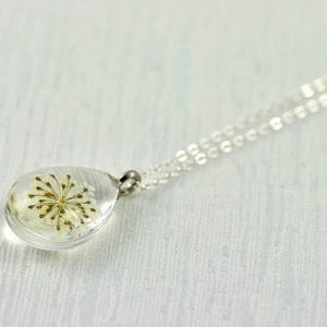 White Real Flower Teardrop Necklace - Dried Flower, Pressed Flower, Terrarium Glass 24