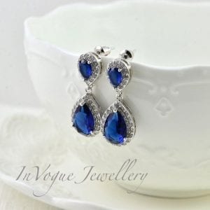 Bridal Silver Drop Blue Sapphire Cubic Zirconia Earrings