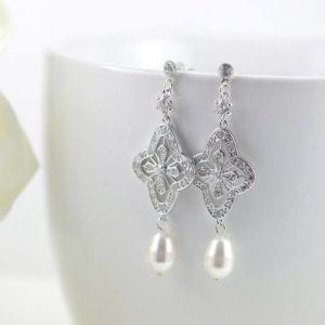Elegant Swarovski Silver Pearl Crystal Teardrop Bridal Earrings