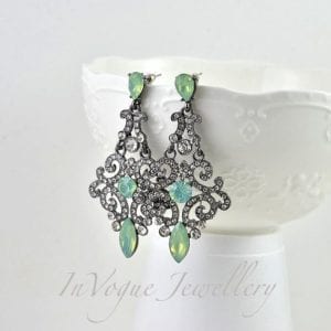 Vintage Style Drop Sea Green Opal Rhinestone Drop Bridal Earrings