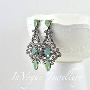 Vintage Style Drop Sea Green Opal Rhinestone Drop Bridal Earrings