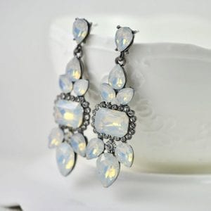 Vintage Style Drop White Opal Cluster Rhinestone Bridal Earrings