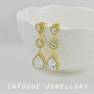 Gold Halo Style Teardrop Bridal Bridesmaid Wedding Earrings