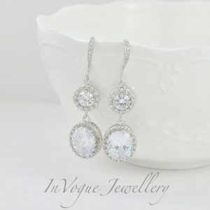 Silver Dangle Halo Style Crystal Bridal Wedding Brides Earrings