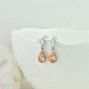 Silver Crystal Stud Earrings - Peach, Bridal, Wedding , Stud Earrings